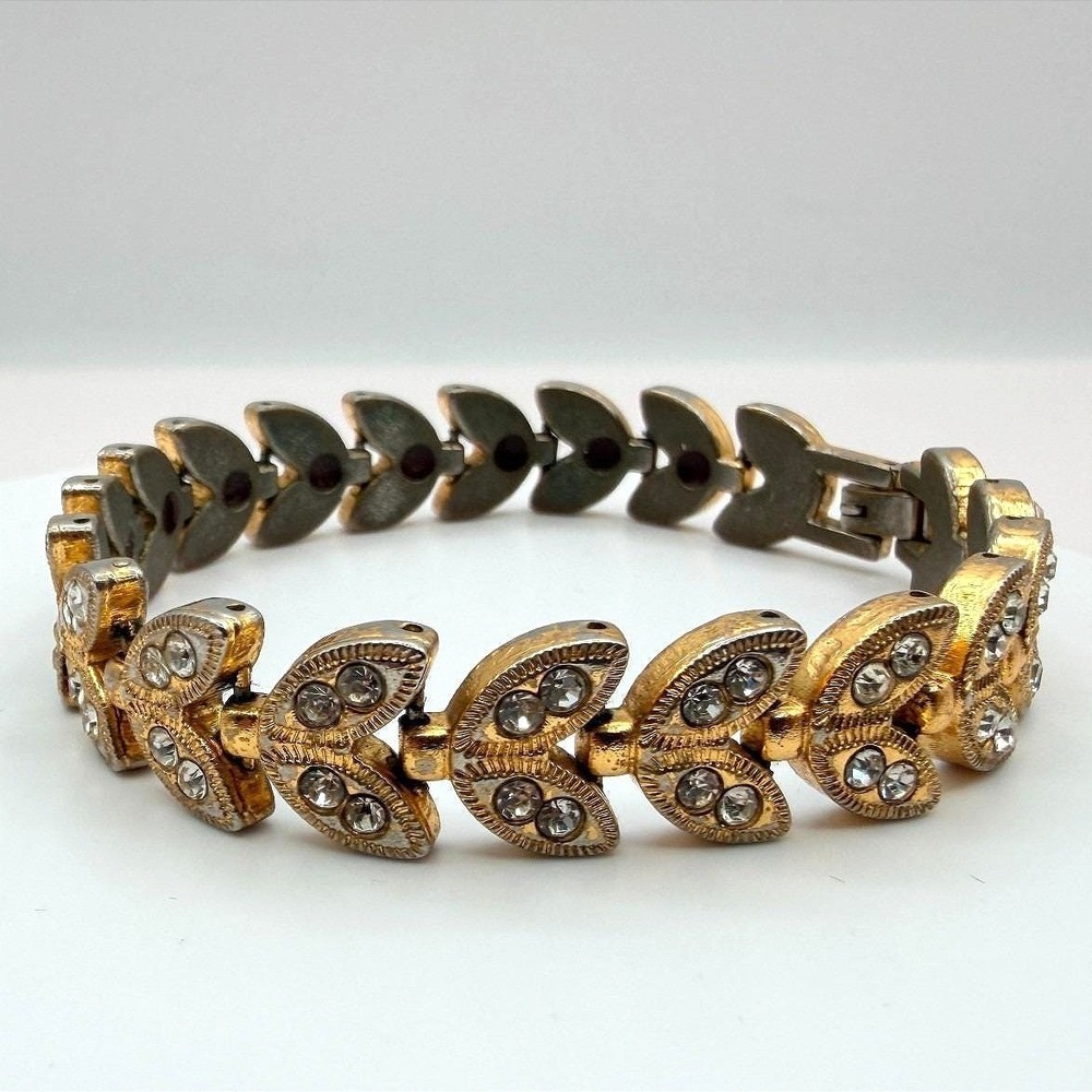 Vintage 90sโ Gold Tone Leaf Link Clear Rhinestone Bracelet Boho Women's Jewelry